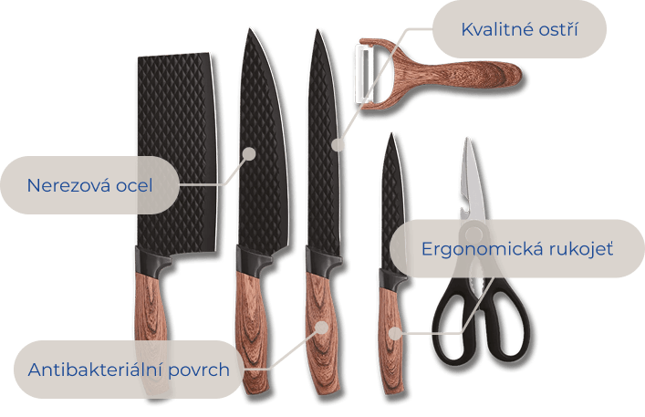 Kuchyňská sada obsahují sekáček, ostrý nůž, nůžky a škrabku